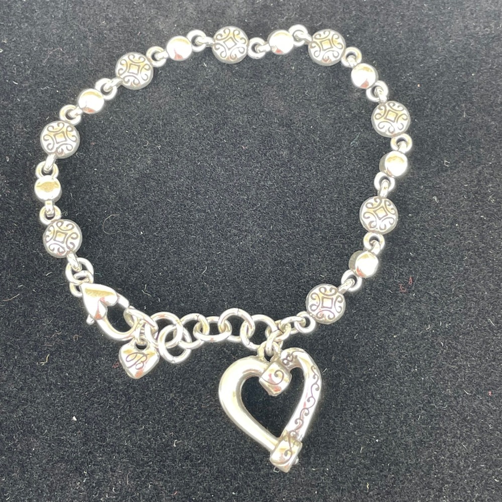 Brighton Heart Charm Link Bracelet Silver Scroll Filigree Etched Jewelry - Picture 2 of 6